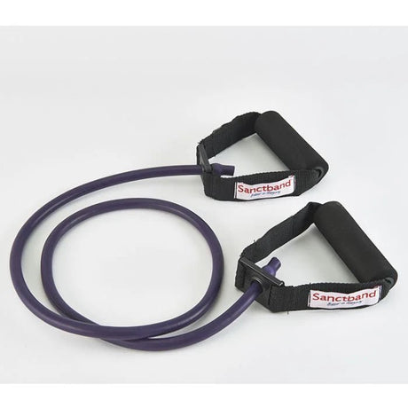 Purple resistance band with black handles on a white background, featuring 'Sanctband' branding. - okotoks hc pharmacy