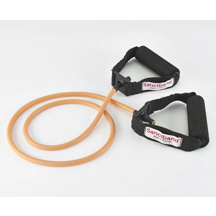 peach Resistance band with black handles on a white background - okotoks hc pharmacy