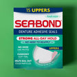A box of Sea-Bond Denture Adhesive Seals, 15 uppers, in fresh mint flavor, shown against a solid green background. - okotoks hc pharmacy
