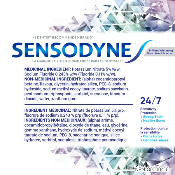 A white informational card for Sensodyne sensitivity protection, featuring the brand name in large blue letters, ingredient details in French and English, and a blue '24/7' badge with geometric crystal graphics in the background. - okotoks hc pharmacy