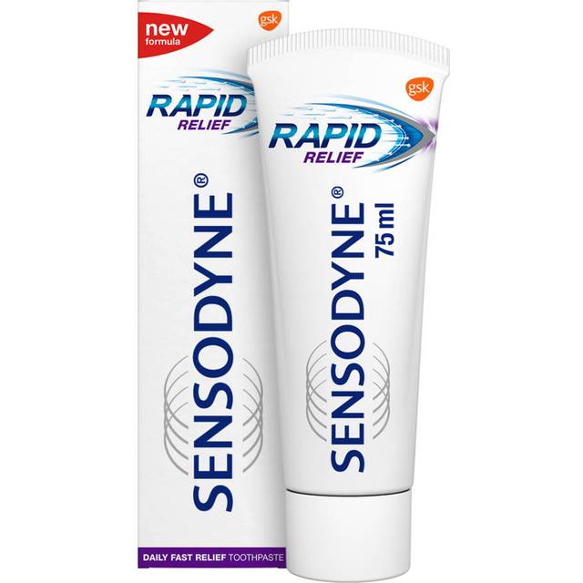 Sensodyne Rapid Relief 75 ml toothpaste shown in a white squeeze tube next to its matching white and blue retail box, featuring the GSK logo. - okotoks hc pharmacy