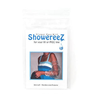Showereez packaging for showering with IV or PICC line protection, featuring an arm with a protective sleeve. - okotoks hc pharmacy