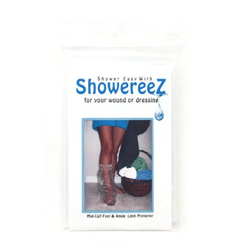 Advertisement for Showereez product showing a person with a cast and leg protector. - okotoks hc pharmacy