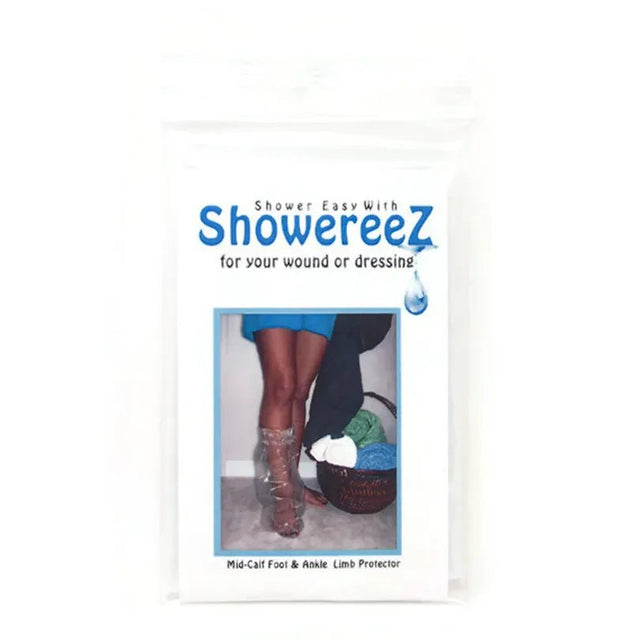 Advertisement for Showereez product showing a person with a cast and leg protector. - okotoks hc pharmacy