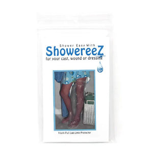 Advertisement for Showereez limb protector with a person wearing clear plastic coverings over their legs. - okotoks hc pharmacy