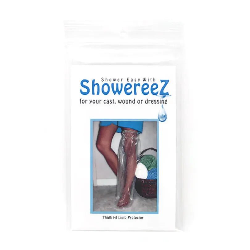 Advertisement for Showereez, a product for cast, wound, or dressing care, with a person wearing a plastic cover over a limb. - okotoks hc pharmacy