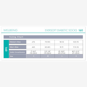 Sizing chart for Eversoft Diabetic Socks on a white background - okotoks hc pharmacy