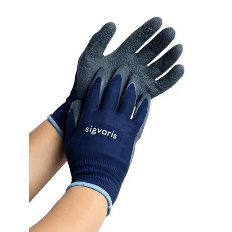 Pair of blue gloves with 'sigvaris' branding on a white background - okotoks hc pharmacy