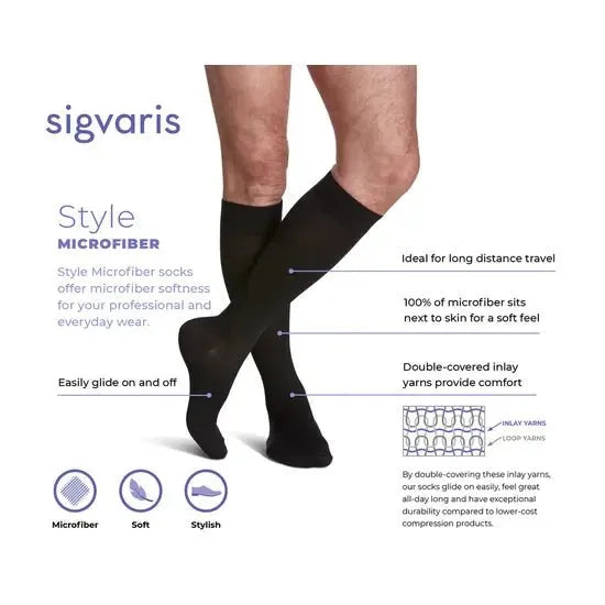 sigvaris microfiber compression socks with product features on a white background - okotoks hc pharmacy