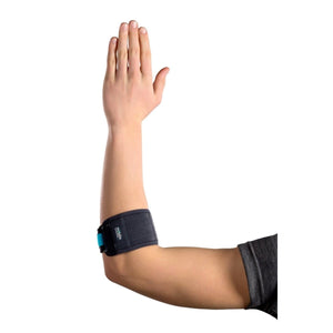 Person wearing a black elbow brace on a white background - okotoks hc pharmacy