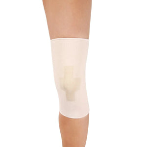 Beige knee support brace on a person's knee against a white background - Okotoks HC Pharmacy