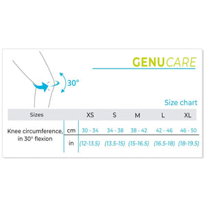 Genucare size chart for knee circumference measurement with flexion angle - Okotoks HC Pharmacy