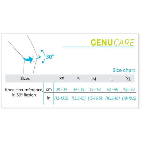 Genucare size chart for knee circumference measurement with flexion angle - Okotoks HC Pharmacy