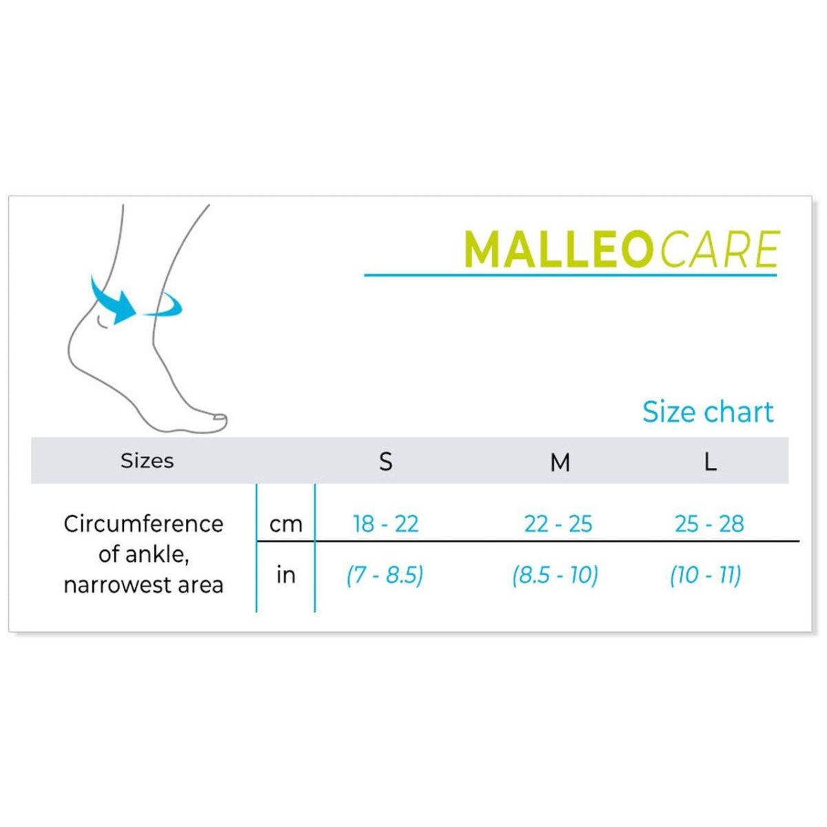 MalleoCare size chart for ankle support, showing measurements in centimeters and inches. - okotoks hc pharmacy