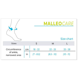 MalleoCare size chart for ankle support, showing measurements in centimeters and inches. - okotoks hc pharmacy