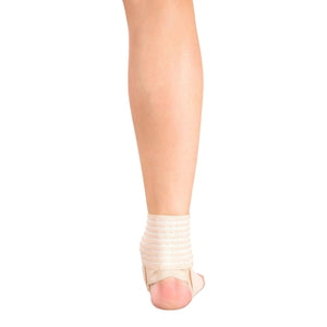 Close-up of a foot wearing a beige ankle support brace on a white background - Okotoks HC Pharmacy