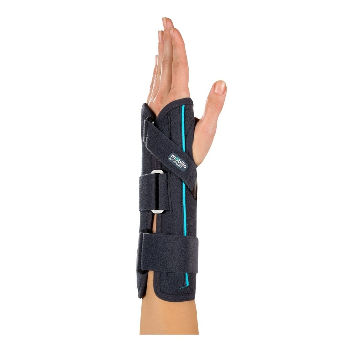 Black wrist brace on a mannequin hand with 'Malleo' branding on a white background - okotoks hc pharmacy