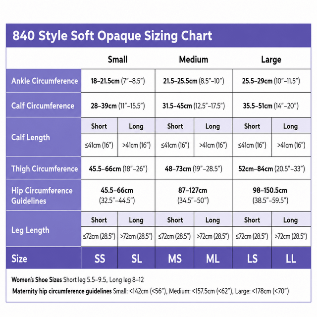 A sizing chart titled '840 Style Soft Opaque Sizing Chart' with a purple header and a table listing measurements for Small, Medium, and Large sizes, including ankle circumference, calf circumference, calf length, thigh circumference, hip circumference guidelines, leg length, and shoe size ranges. - okotoks hc pharmacy