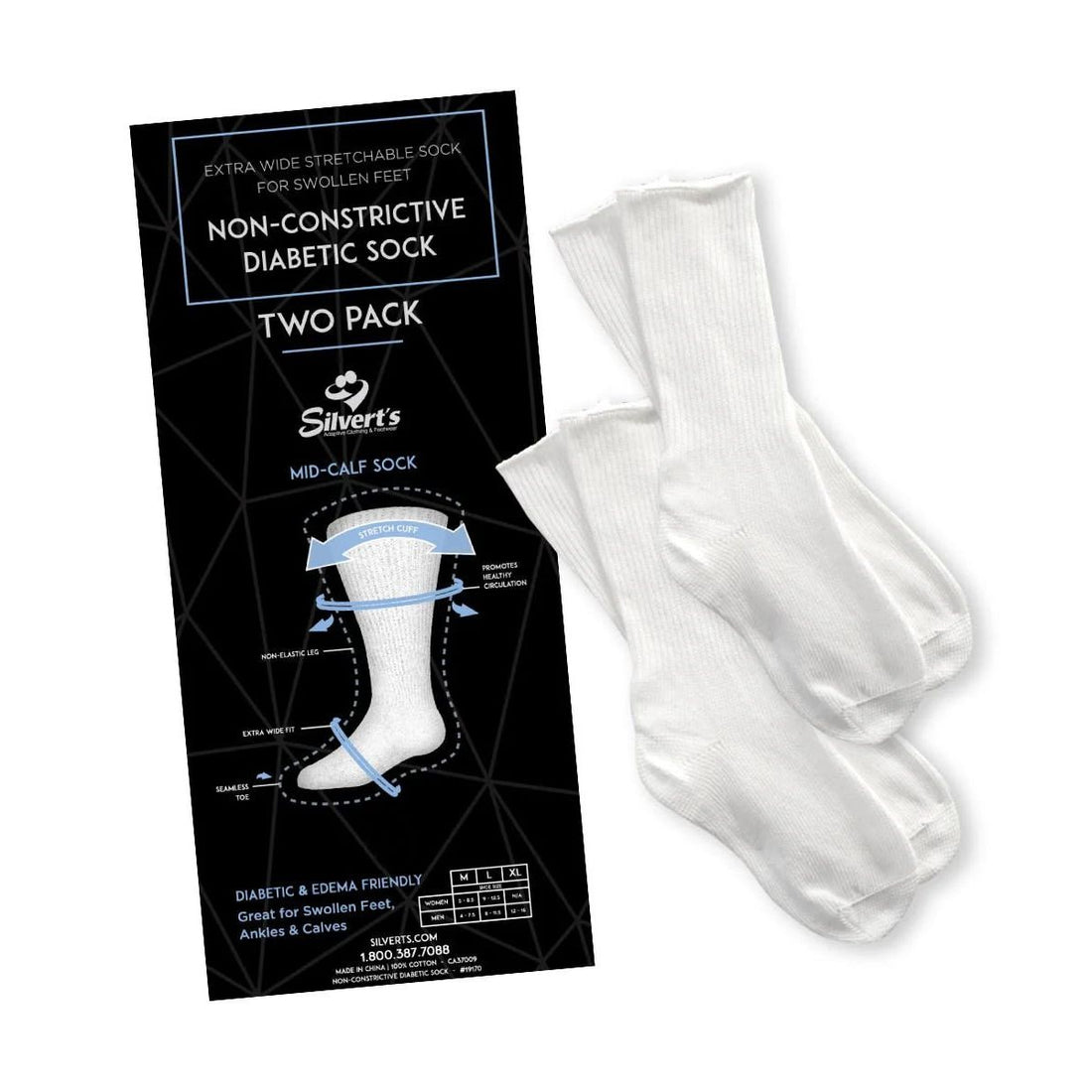 Two white diabetic socks with a black and white packaging label on a white background - okotoks hc pharmacy