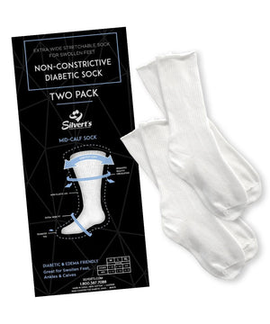 Two white diabetic socks with a black and white packaging label on a white background - okotoks hc pharmacy