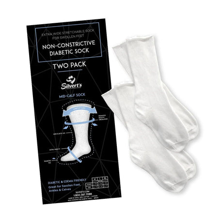 Two white diabetic socks with a black and white packaging label on a white background - okotoks hc pharmacy
