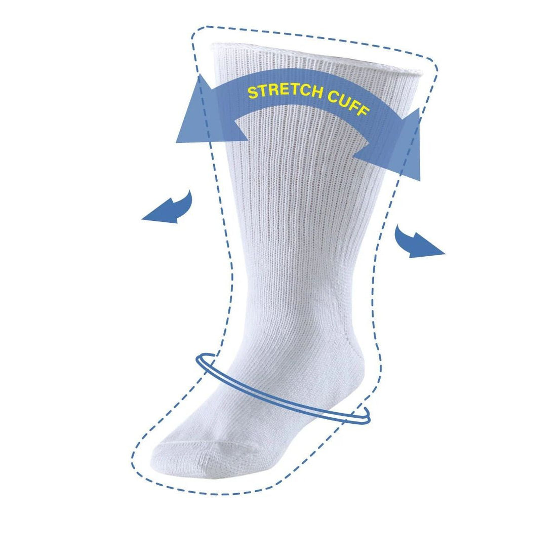 White sock with 'Stretch Cuff' label and blue arrows on a white background - okotoks hc pharmacy