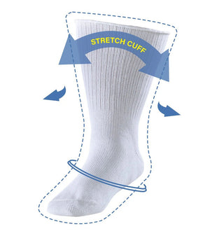 White sock with 'Stretch Cuff' label and blue arrows on a white background - okotoks hc pharmacy