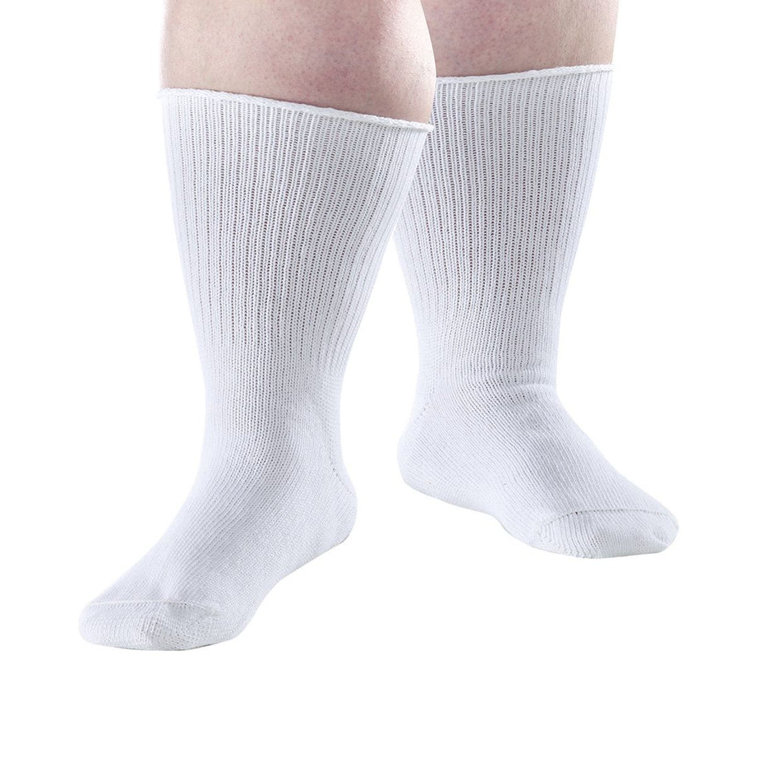 A pair of white ribbed crew socks worn on a person's feet, shown against a plain white background. - okotoks hc pharmacy