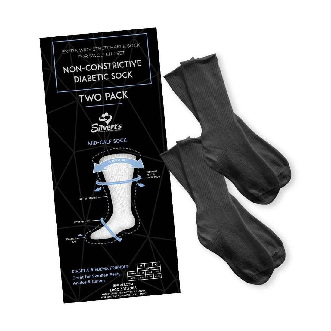 A pair of black non-constrictive diabetic mid-calf socks displayed next to their black retail packaging card on a white background. - okotoks hc pharmacy