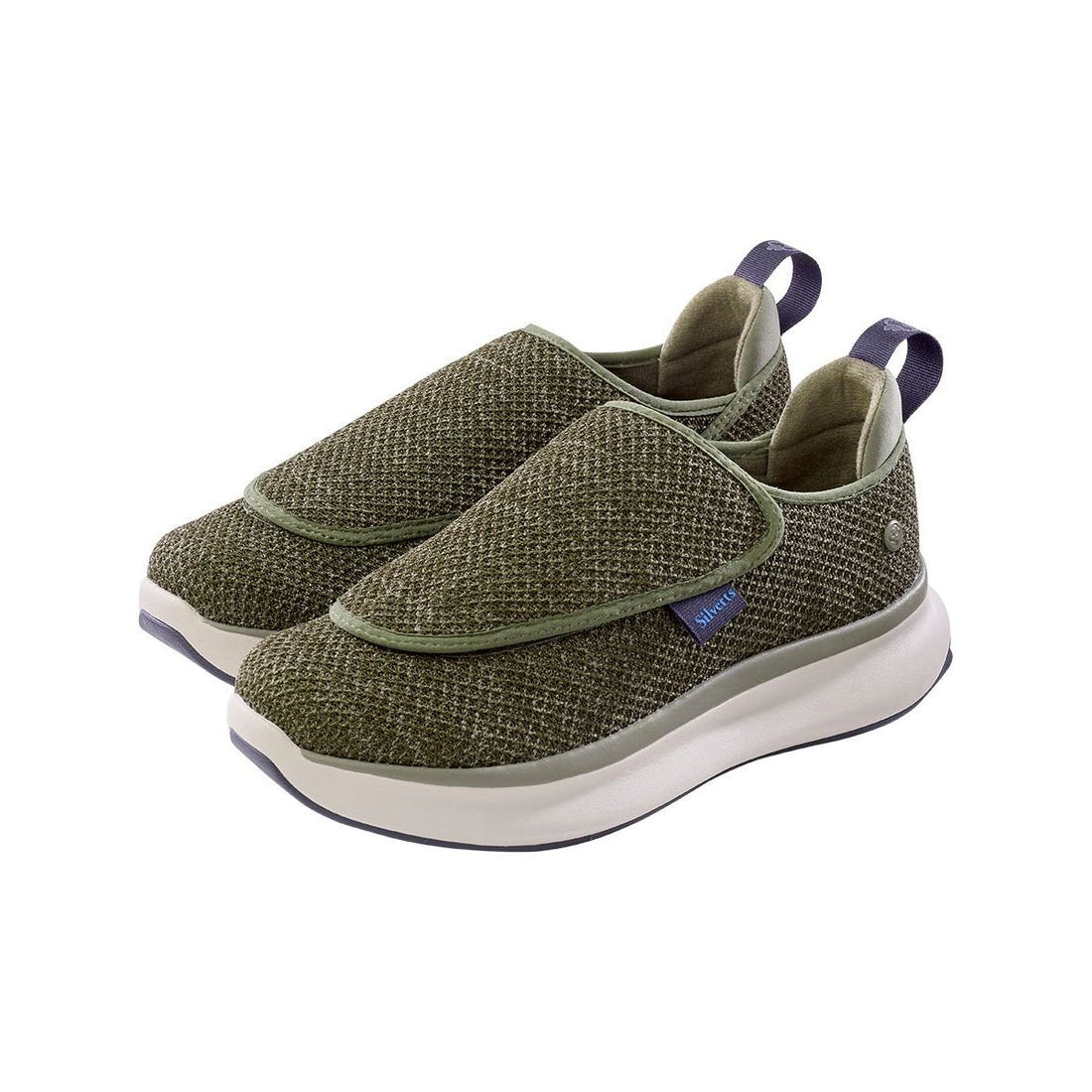 Pair of green slip-on shoes with white soles on a white background - okotoks hc pharmacy