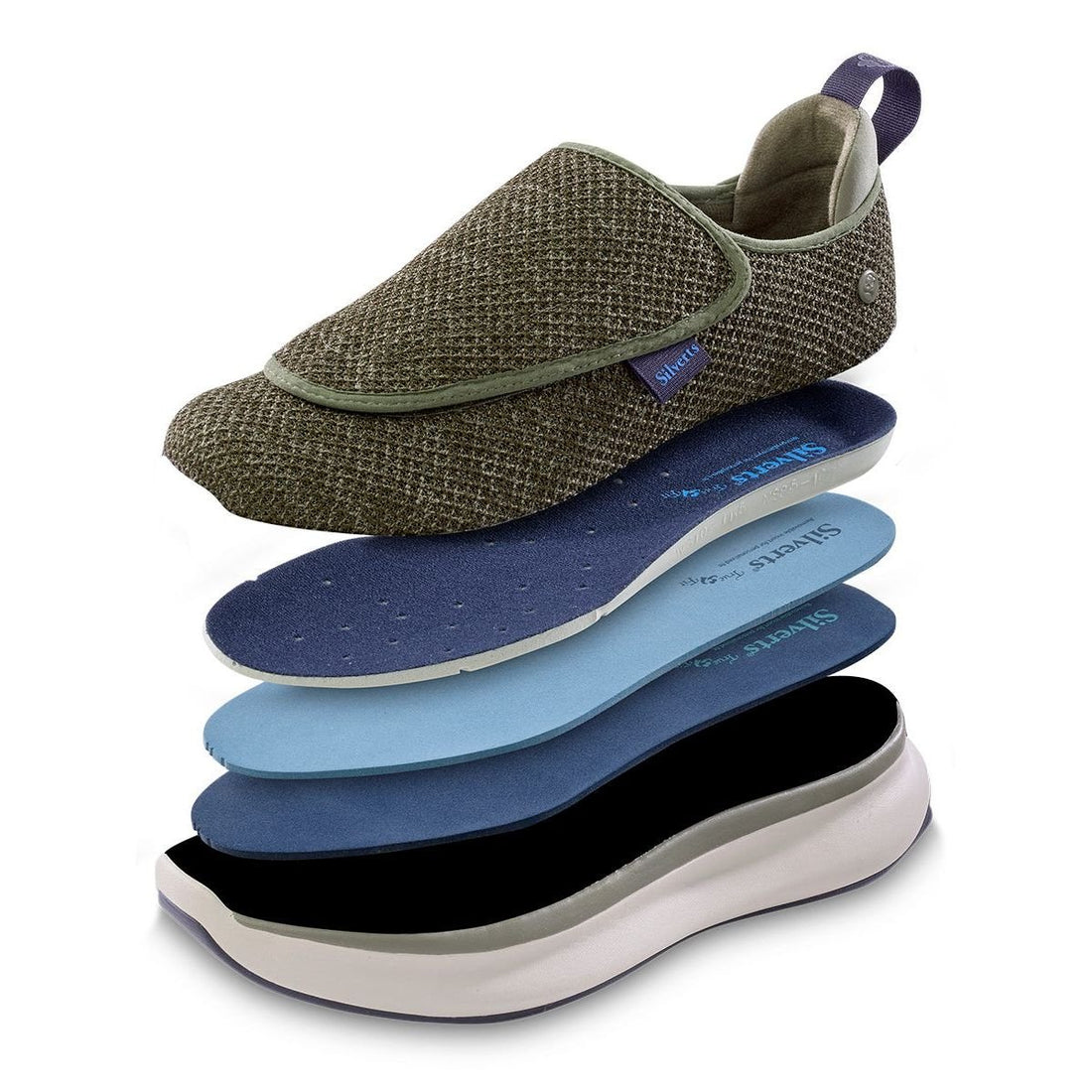 Stack of shoe insoles with a green slip-on shoe on top - okotoks hc pharmacy