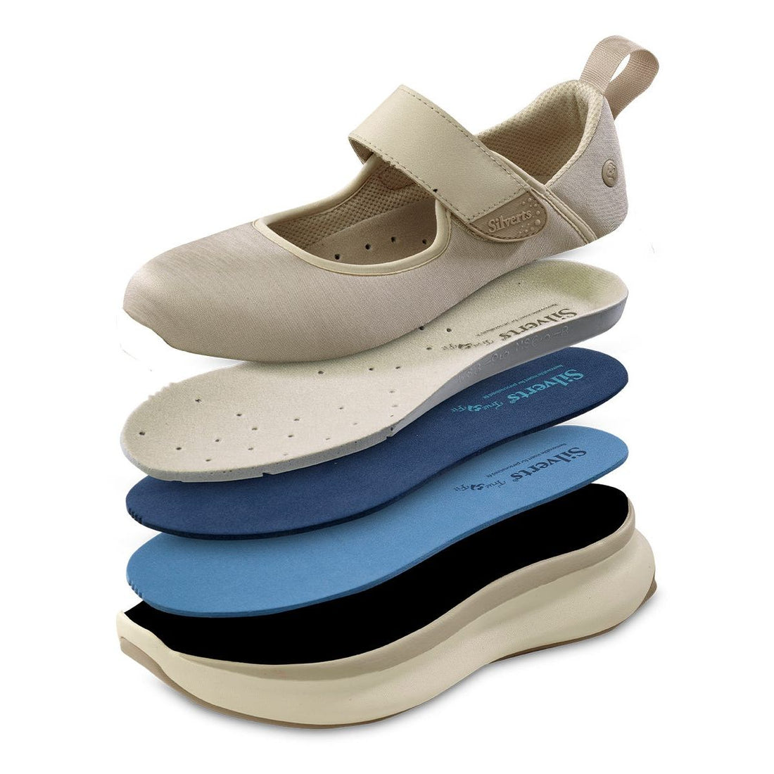 Stack of beige shoes with different colored insoles on a white background - okotoks hc pharmacy