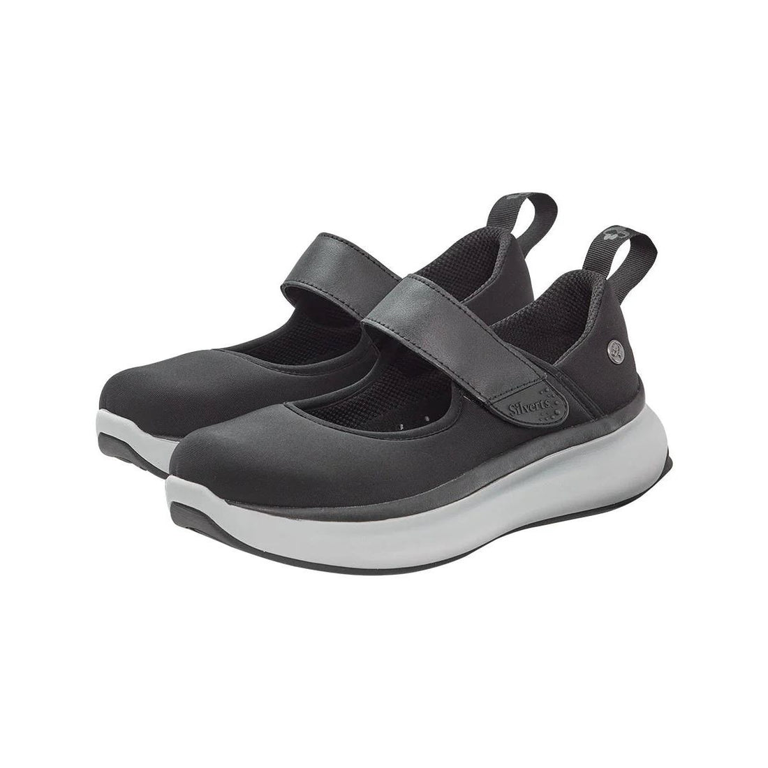 Pair of black Mary Jane shoes with white soles on a white background - okotoks hc pharmacy