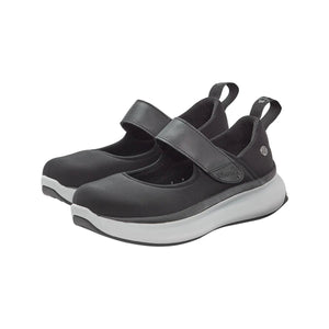 Pair of black Mary Jane shoes with white soles on a white background - okotoks hc pharmacy