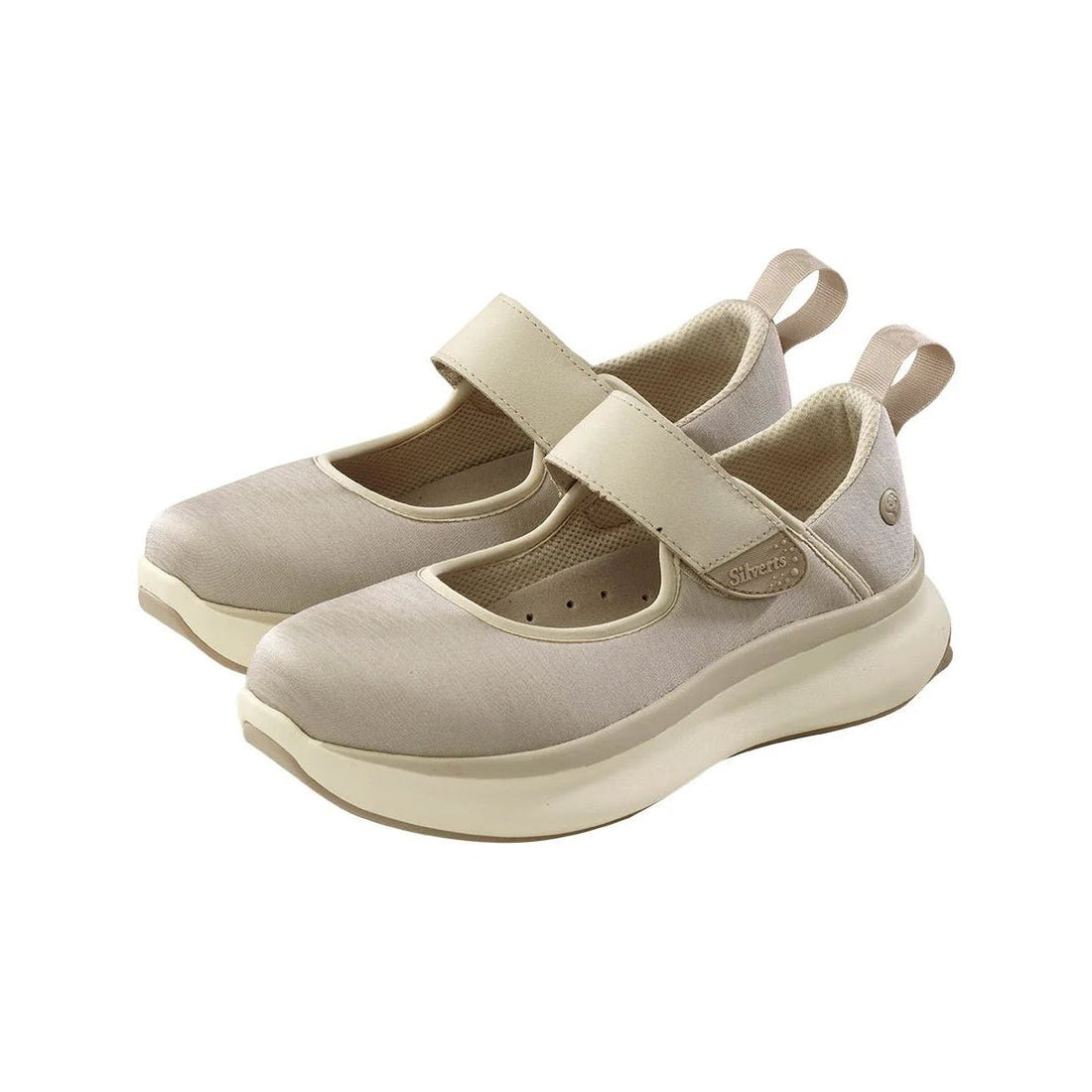 Pair of beige shoes with velcro straps on a white background - okotoks hc pharmacy