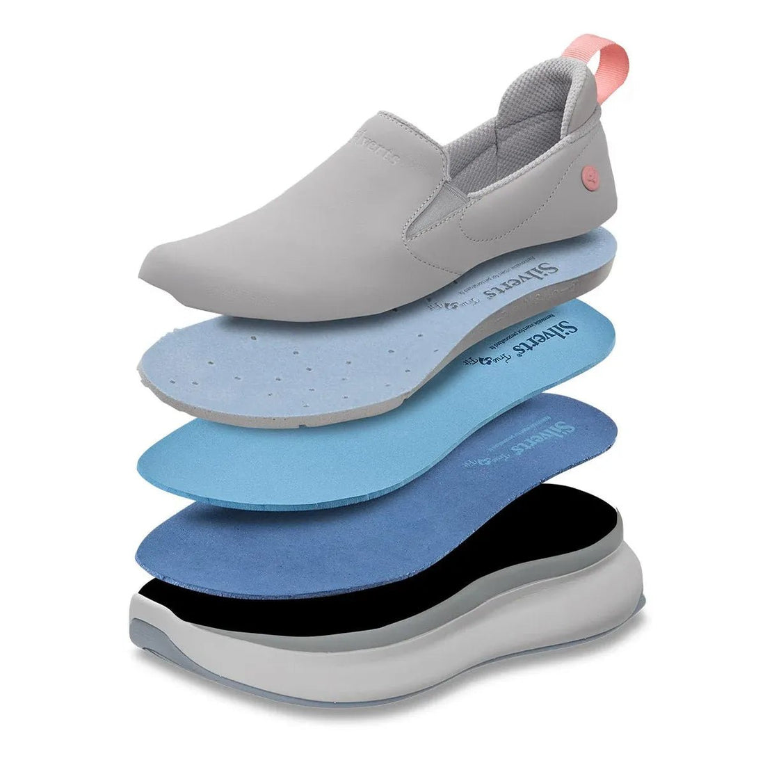 Stack of shoe insoles with a gray shoe on top - okotoks hc pharmacy