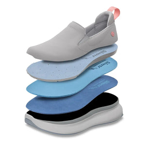 Stack of shoe insoles with a gray shoe on top - okotoks hc pharmacy