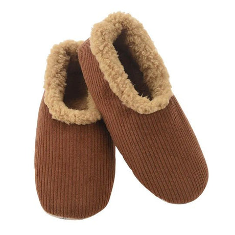 Pair of brown slippers with beige fur trim on a white background - okotoks hc pharmacy