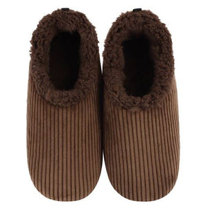 Pair of brown ribbed slippers with fuzzy trim on a white background - okotoks hc pharmacy