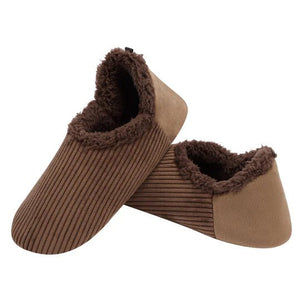 Pair of brown slippers with ribbed texture and fuzzy trim on a white background - okotoks hc pharmacy