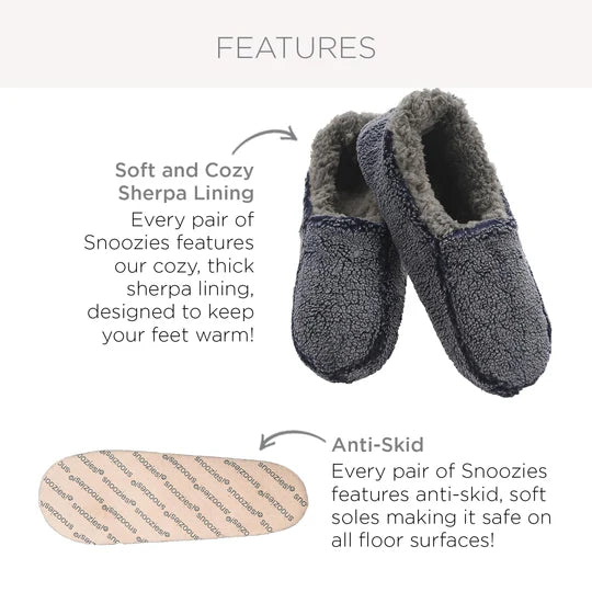 Gray slippers with text describing soft cozy sherpa lining and anti-skid soles on a white background. - okotoks hc pharmacy