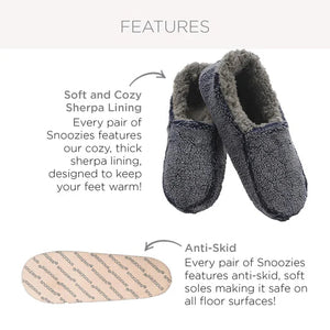 Gray slippers with text describing soft cozy sherpa lining and anti-skid soles on a white background. - okotoks hc pharmacy