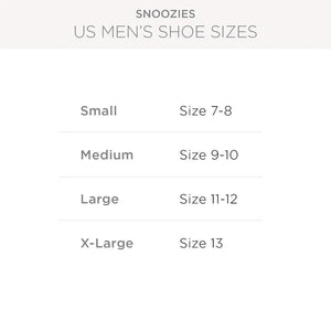 Shoe size chart for Snoozies men's products with sizes 7-8, 9-10, 11-12, and 13. - okotoks hc pharmacy