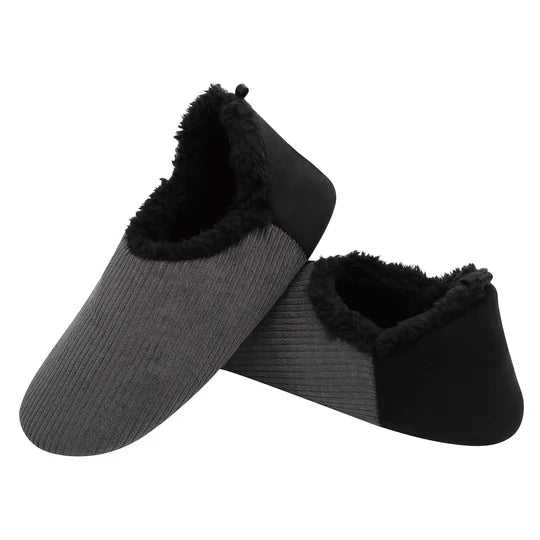 Pair of black and gray slippers with fuzzy trim on a white background - okotoks hc pharmacy