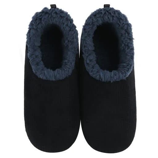 Pair of black slippers with fuzzy blue tops on a white background - okotoks hc pharmacy