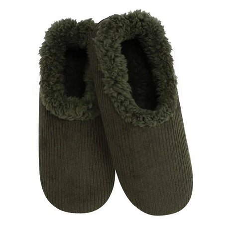 Pair of green slippers with fuzzy trim on a white background - okotoks hc pharmacy
