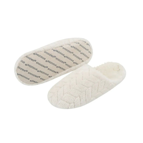 Pair of white slippers with brand name on a white background - okotoks hc pharmacy