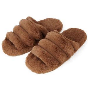 Brown fuzzy slippers on a white background - okotoks hc pharmacy