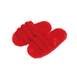 Red fluffy slippers on a white background - okotoks hc pharmacy