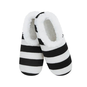 Pair of black and white striped slippers on a white background - okotoks hc pharmacy